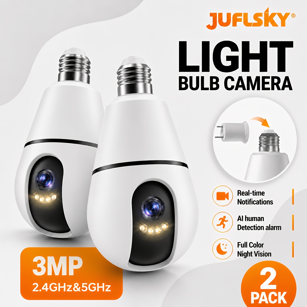 TEMU 3mp Wireless Smart Light Bulb Security Camera, 2.4ghz/5g/wifi, Connection, With 360° Detection, 3.6mmhd Lens Night Vision, Automatic Tracking,
