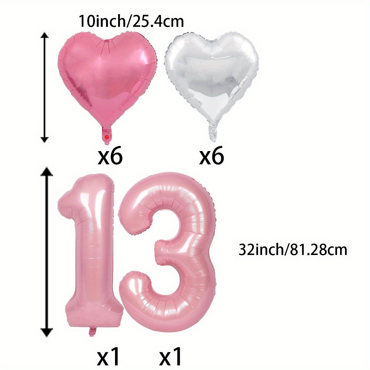 Image of Pink Balloon With 10inch Pink Silvery Heart Balloons 32inch Pink Number Balloon Digital Balloon 13 For Girl 13th Birthday Anniversary Wedding Graduations Party Decorations