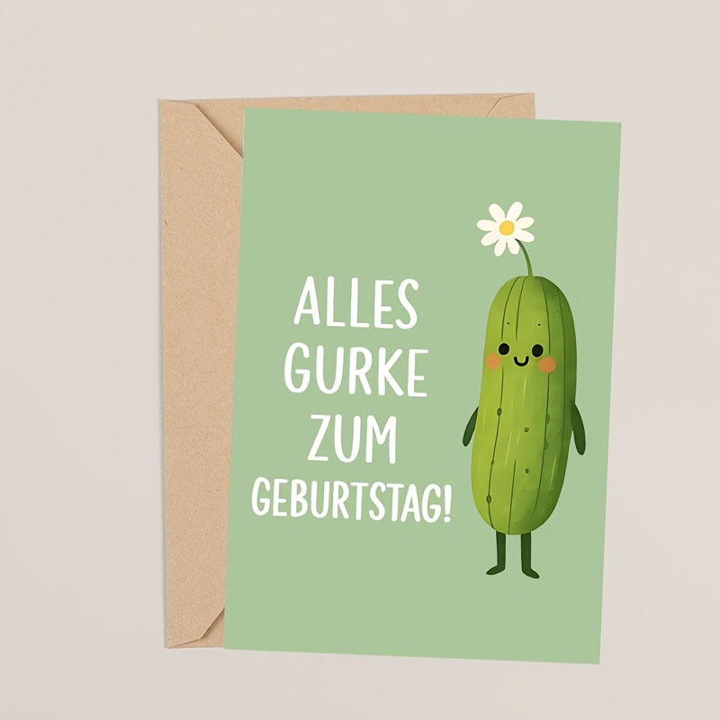 1pc Funny German Birthday Card With Pickled Cucumber & German Text - Mint Green & Red Accent - Funny Pickled Cucumber Design With "alles Gute Zum Geburtstag!" - Perfect