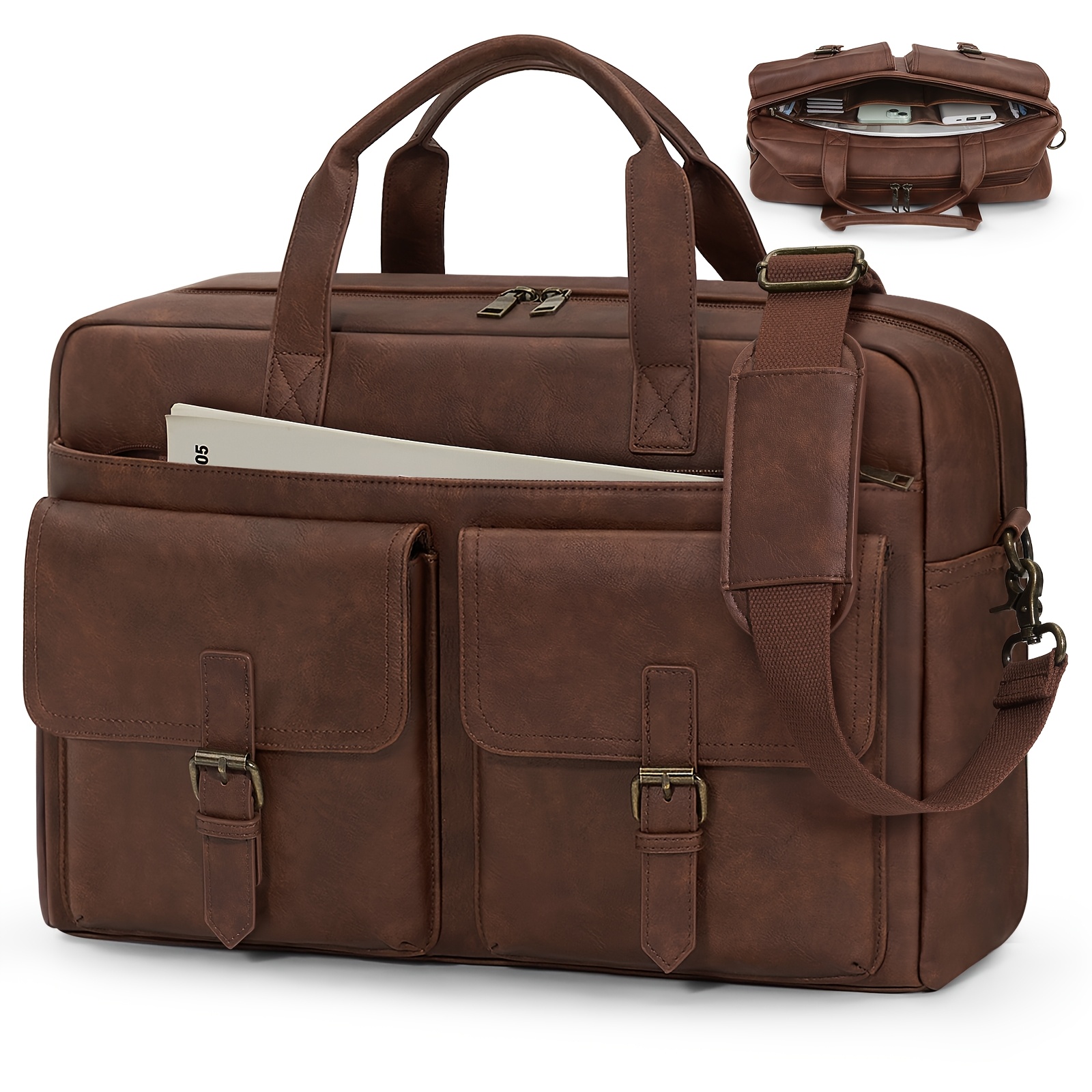 Image of Rainsmore 16-inch Faux Leather Messenger Bag For Men, Vintage Laptop Briefcase, Ideal For Work, Office, Business, And Travel, Brown