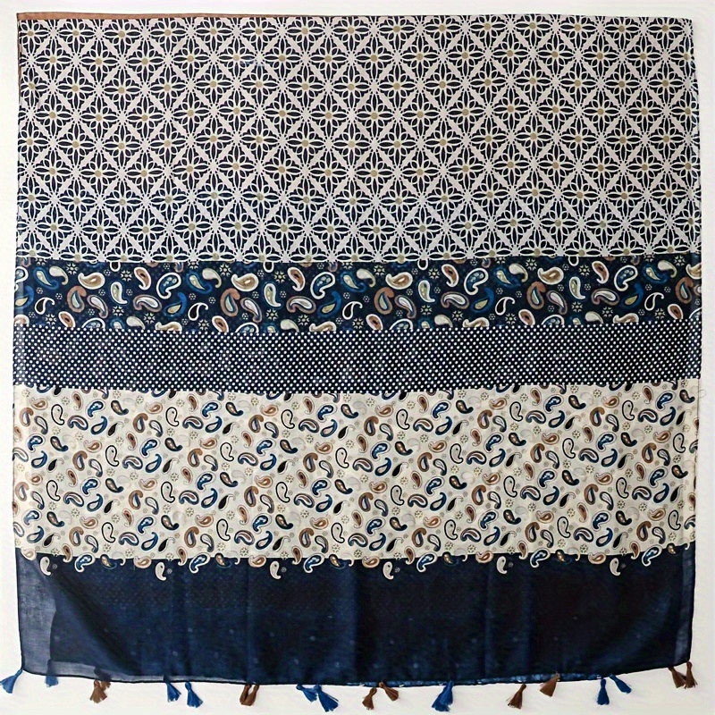 Autumn and Winter Women's Warm Breathable Light and Fresh Comfortable Scarf, Vintage Patchwork Cashew Nut Color Block Print Fringe Scarf, Aesthetic Shawl Chiffon Scarf