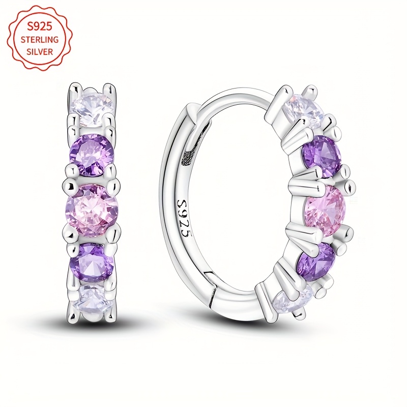 TEMU 1 Pair 925 Sterling Silver Vintage Boho Mosaic Earrings, Elegant , Gradient Color, With Synthetic Zirconia, For Women, Party, Wedding, Jewelry Gift