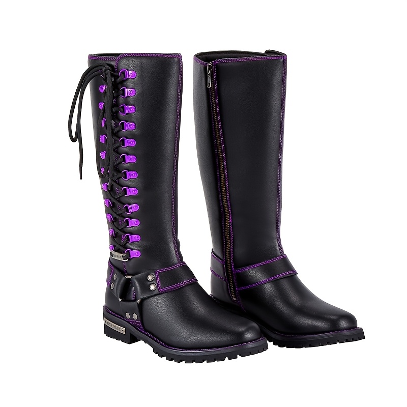 harness motorcycle riding boots for women square toe biker