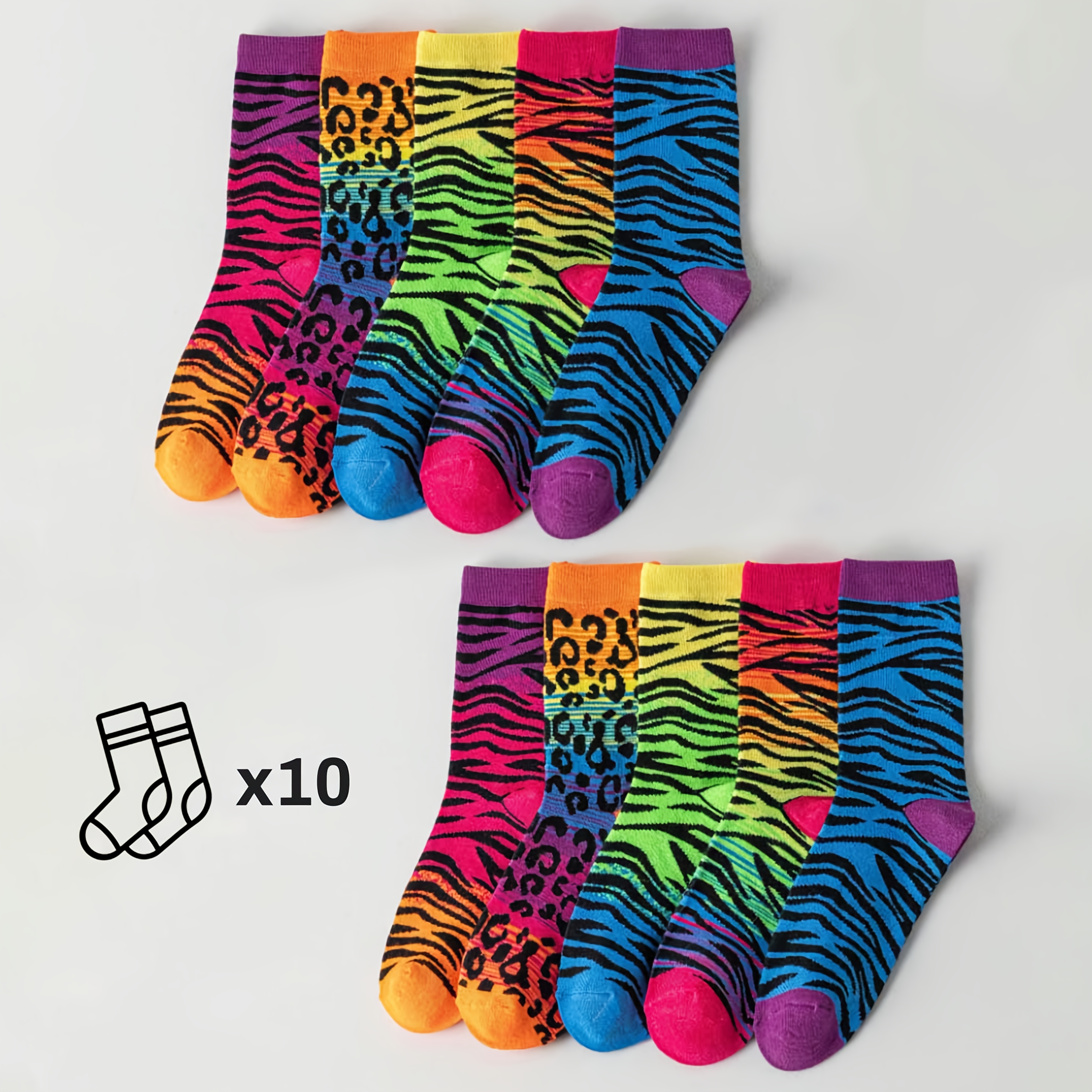 TEMU 10 Pairs Fashionable Colorful Gradient Leopard Striped Mid-calf Socks, Unisex Long Socks
