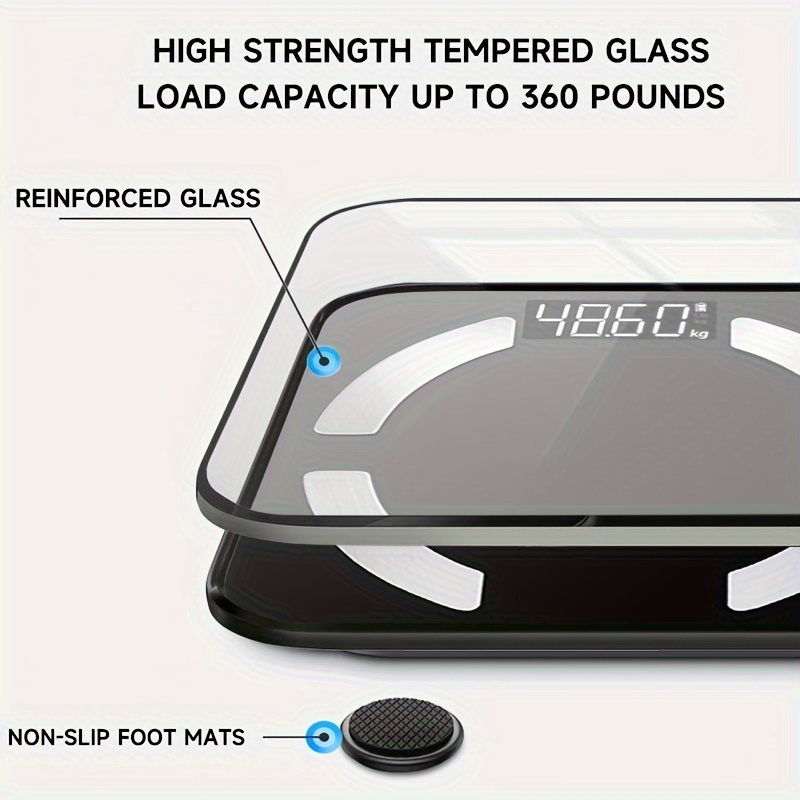 паметна дигитална вага за бања со hd lcd екран, капацитет од 400 фунти, анализа на составот на телото, бми, мускули и влага, поврзаност со мобилната апликација, напојување со батерии (батериите не се вклучени) детали 4