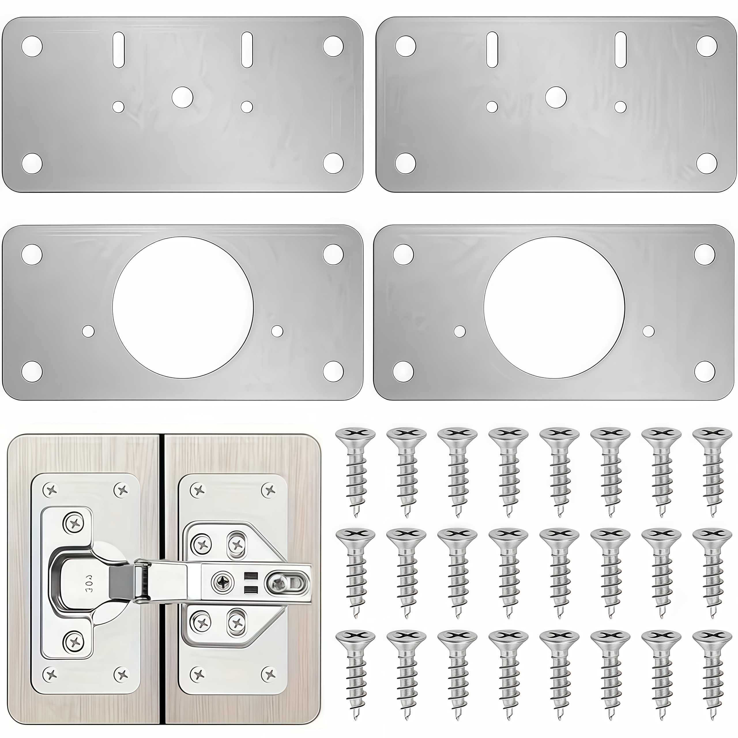 E-shop 4er-Set Scharnier Reparaturplatten Set mit Loch für Schrank, Edelstahl Platten Reparaturhalterungen, einfache Installation Scharniere mit