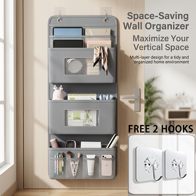 TEMU 1pc Versatile Gray Wall-mounted Storage Organizer - Multi-compartment Fabric Hanging Bag With Viewing Window And Hooks For Office, Closet,