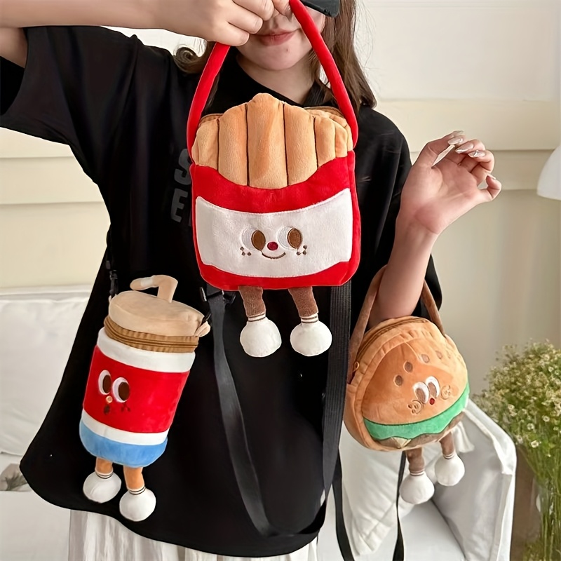 1 bolsa cruzada con tema de comida rápida con correa ajustable - Diseño de papas fritas, cola y hamburguesa, poliéster duradero, cierre de cremallera - Accesorio lindo y funcional para viajes al aire libre y almacenamiento de maquillaje para mujeres, bolso de moda
