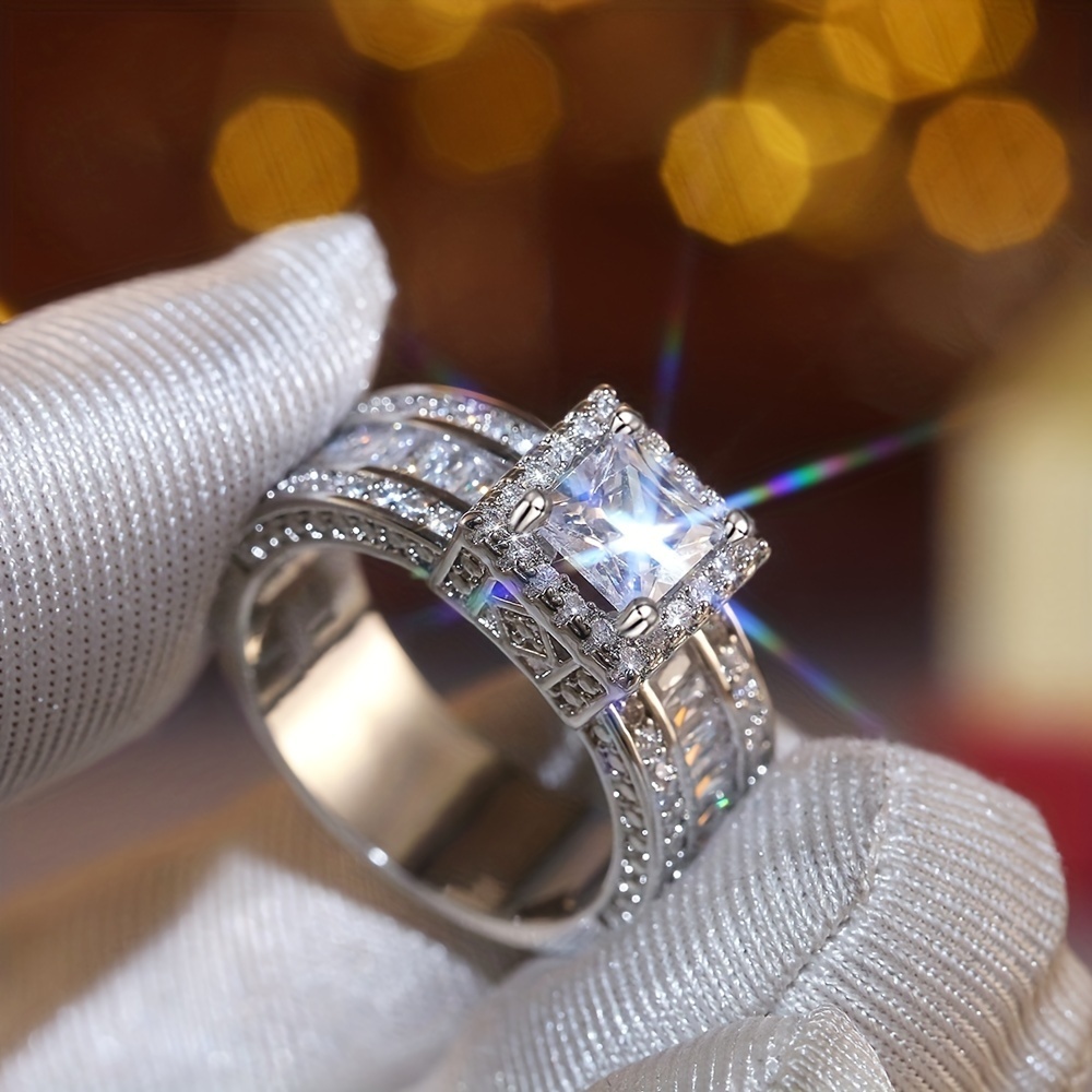 

Elegant Luxury Square Engagement Ring For Women, Mosaic, Alloy Band, 4- Setting, Wedding & Gift-, Jewelry