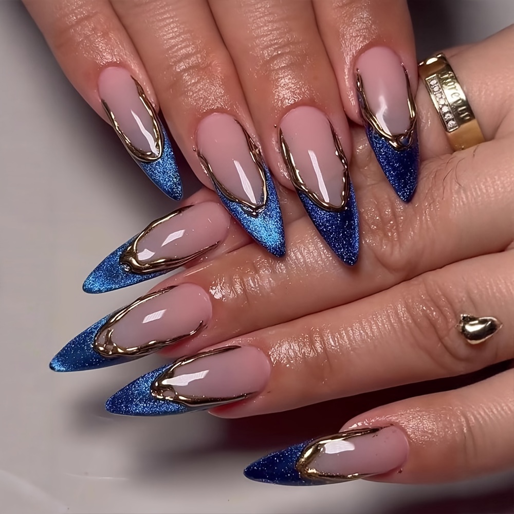 TEMU 24 uñas postizas de estilo chino con forma de , diseño de uñas para usar con francés 3D doradas, parche de uñas brillantes, uñas postizas
