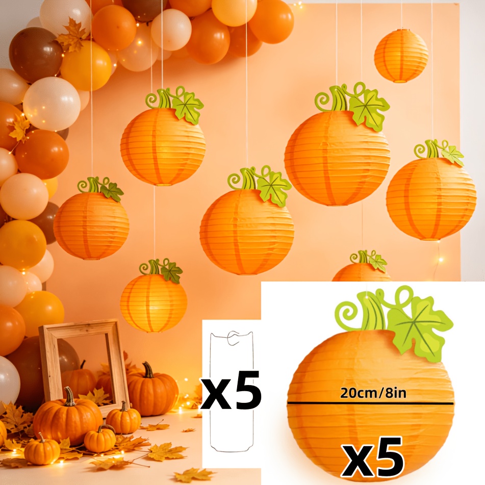 TEMU 10pcs Pumpkin Paper Lanterns, (including 5pcs Lanterns And 5pcs Lantern Stands) Pumpkin Paper Lanterns, Party Hanging Pumpkin Paper Lantern