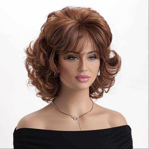 elegant brown beehive wig with bangs vintage 1970s style loose curly synthetic hair heat resistant thick bouncy texture for daily and costume wear