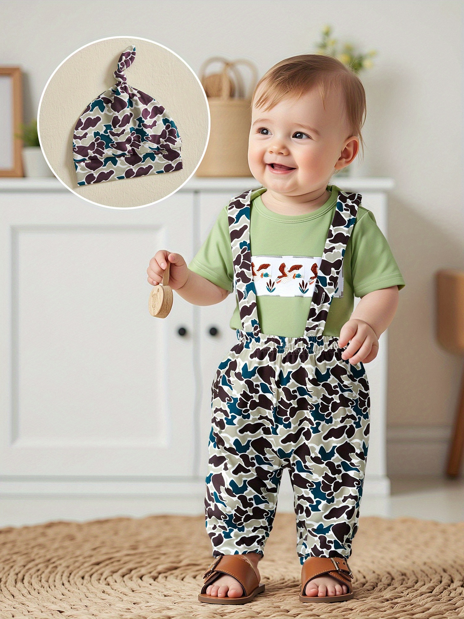 Newborn Baby Boy Girl Hunting Outfit Short Sleeve Mallard Duck/Deer/Fish  Embroidery Romper Top Camouflage Suspender Pants Hat Overalls Set Summer