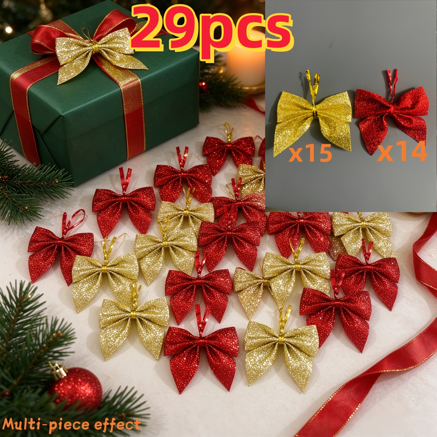 TEMU 29pcs 3d Glitter Christmas Bow Ornaments, Red And Golden Dual-tone Combination. Bows Are Fixed And Shaped, Full And 3d, Not Easy To ; Glitter Is