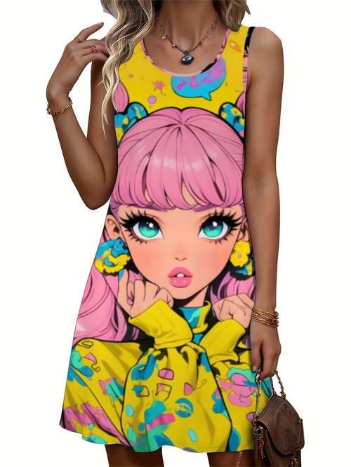womens sleeveless casual dress with vibrant graphic print soft breathable length dress round neck machine washable for casual attire versatile wardrobe staple cartoon design clothing style lovers
