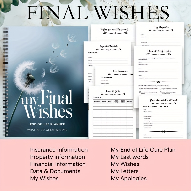 TEMU 1pc Upgraded Life End Planner Spiral Notebook - Guide For Workbook, For Will Preparation, Funeral Arrangements, And - Mixed Colors, Paper