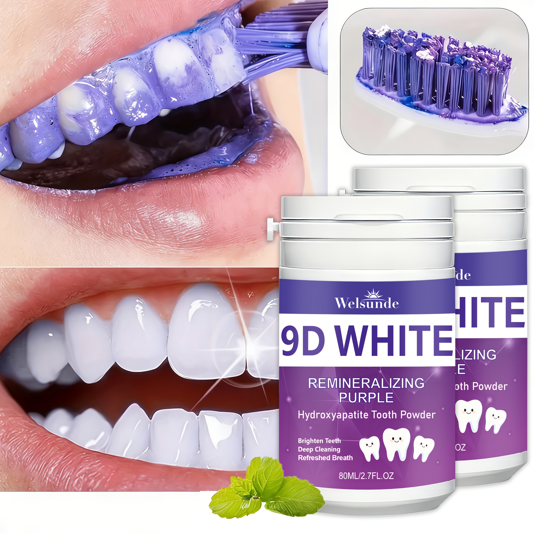 Image of 2pcs Purple 9d Teeth Powder With Baking Soda Formula, Deep Clean And Polishing , Natural For And Smile, 80ml/2.7fl.oz X 2 Portable Travel-friendly Oral Care For Men And Women Daily Use