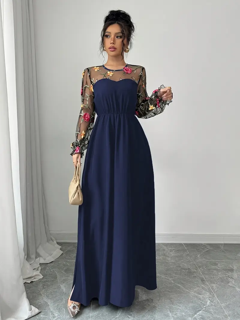 long sleeve embroidered mesh dress Sheer Long-sleeve Floral Embroidered Mesh Dress