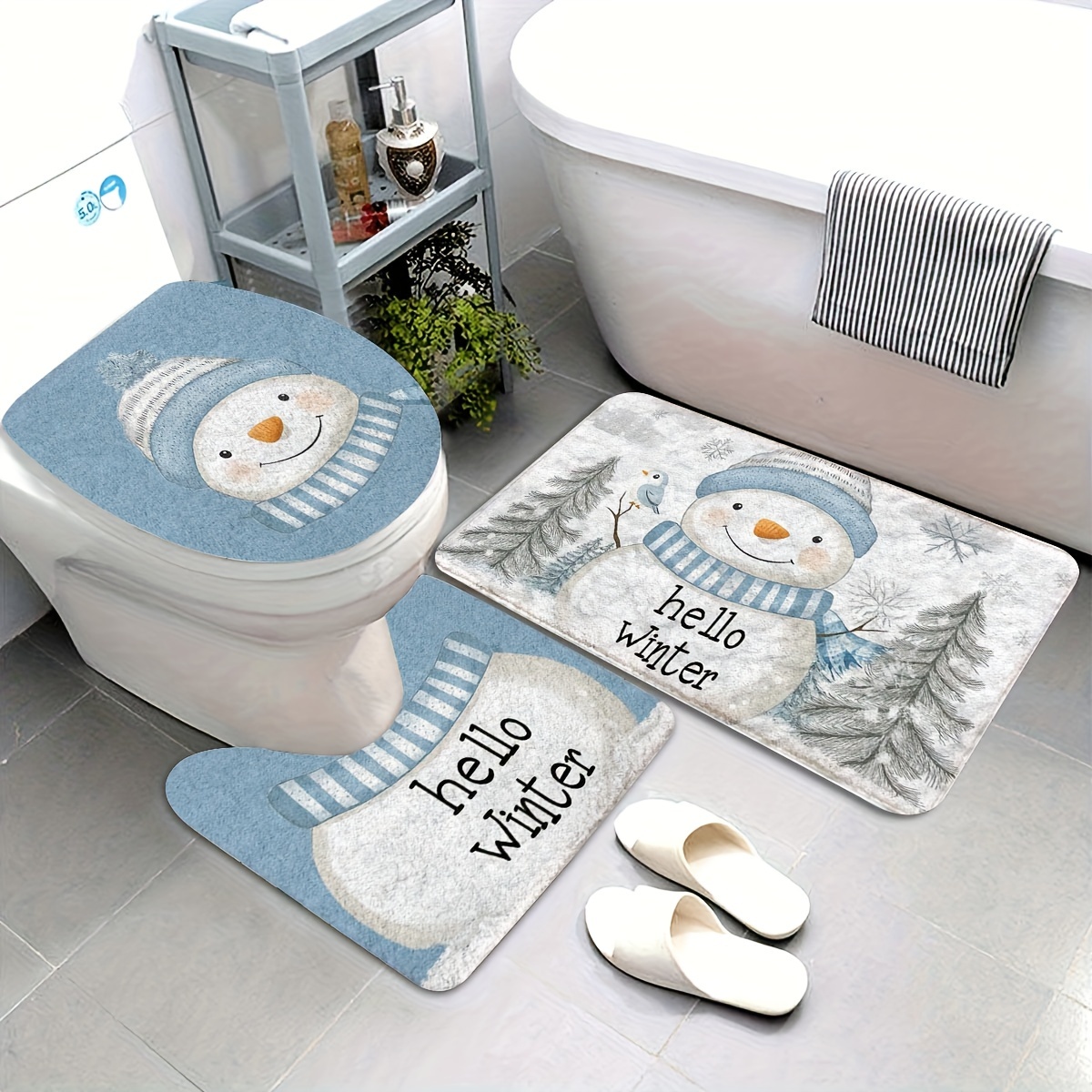 

Christmas Snowman Pattern Bathroom Rug Set: , , And - Includes U-shaped Mat, , And Mat - For , Fluffy Decor Decoration