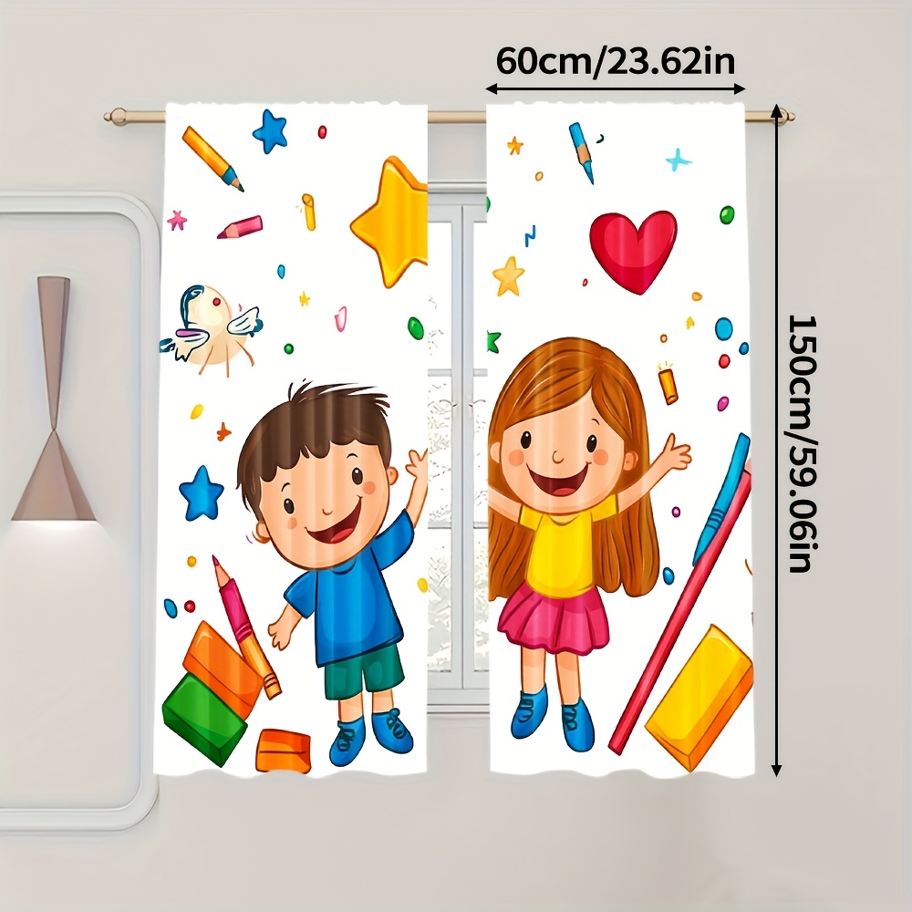 TEMU Set Of 2, Vibrant Curtains For The Back-to-, Featuring Digital Prints. Made From Durable 100% Polyester Fabric (does Not Rod, No Movement, No