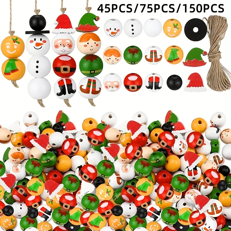 45 Stk./75 Stk./150 Stk. Weihnachts-Gingerbread-Man Schneemann-Elf Serie Holzperlen-Set,   für DIY-Kränze, Dekorationen, Feiertagsbasteln, Party-Ornamente, Bauernhaus Runde Holzperlen Bastelbedarf