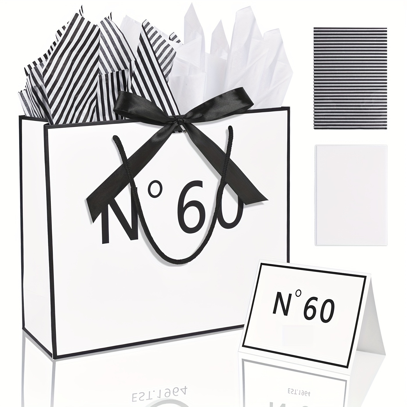 

1pc Elegant 60th Birthday Gift Bag With Black & White Striped Tissue Paper & "n'60" Card - , 12.6x4.3x10.6 Inches - Ideal For Celebrating Milestone Birthdays, Happy Birthday Gift Bag