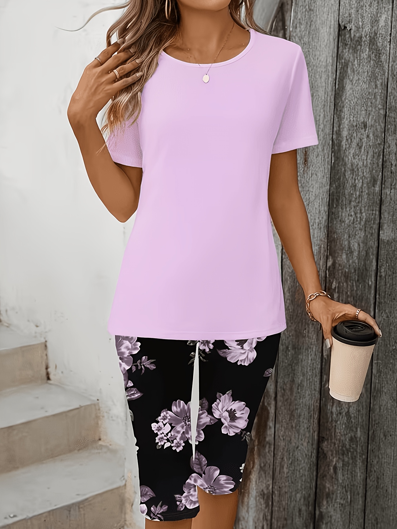 Women's Floral Print Two-Piece Set - Short Sleeve Shirt and Shorts Summer Casual Outfit