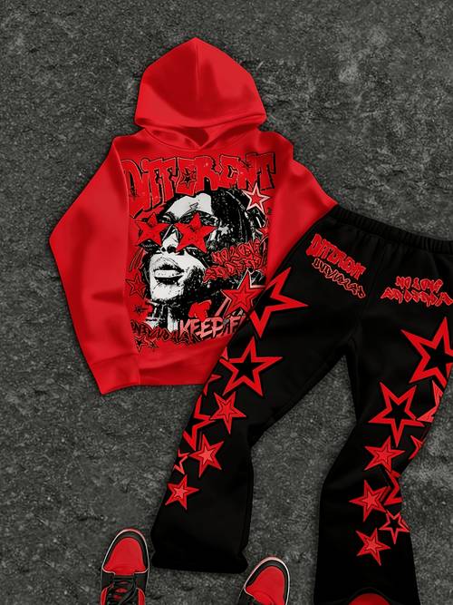 mens y2k hip hop graphic 2pcs set hoodie flared stacked pants streetwear for summer