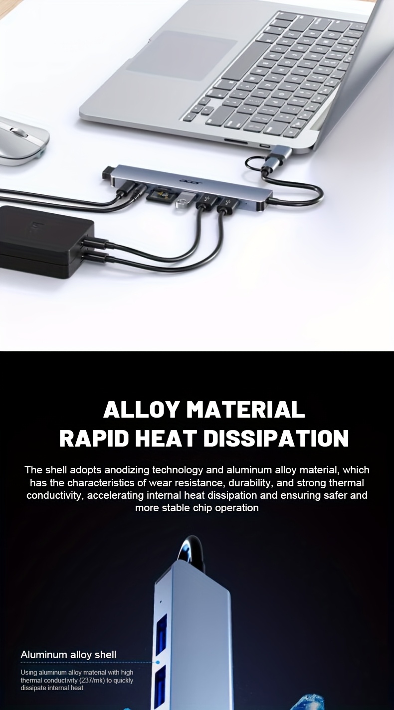 Acer HY41-T8 8-in-1 USB-C/USB Dual Interface Expansion Dock with 480Mbps Speed, USB-C Type-C/USB-C Dual Ports, Usb-c Hub