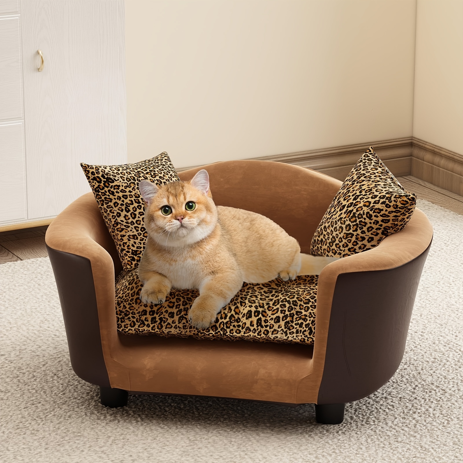 

Leopard Print Pet Sofa Bed For Small - Supportive Foam Couch With Washable Cushion And Pads, Modern Low , Ideal For Puppies