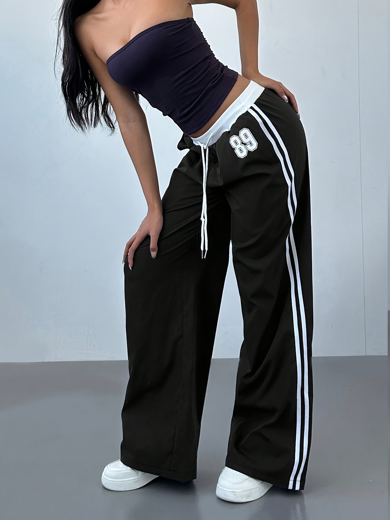 pantalones anchos pierna ancha cordón lateral rayas negras Temu