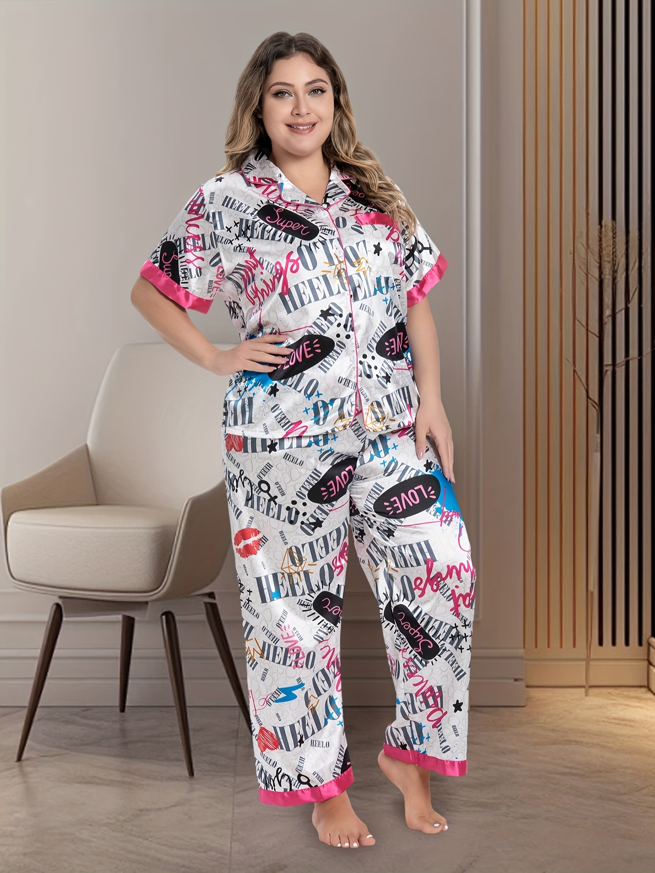Plus Size Y2K Pajamas Set, Women's Plus Graffiti Print Contrast Pipping  Short Sleeve Button Up Satin Shirt & Pants Lounge 2 Piece Set