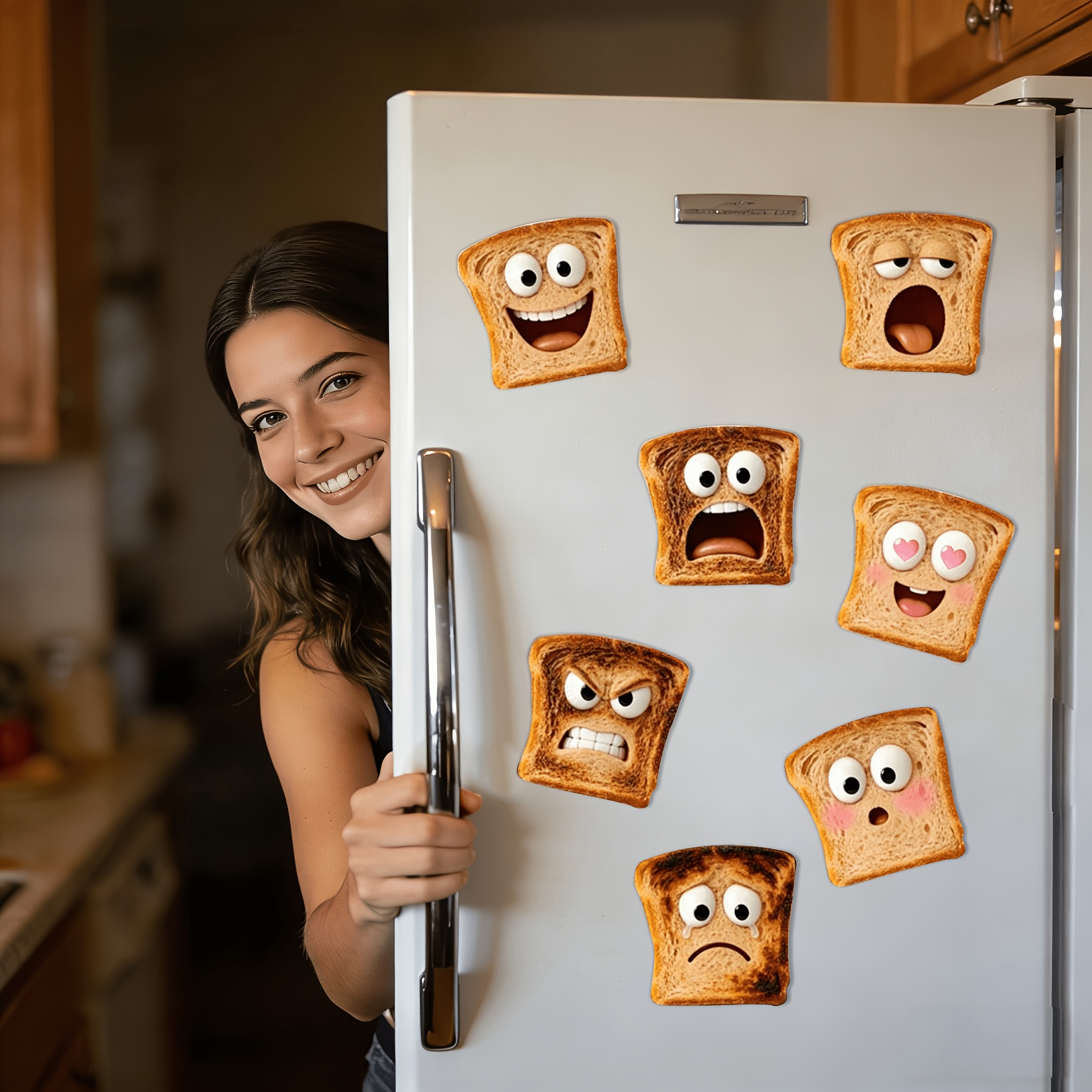 TEMU 9pcs Set Of Shy Toast-shaped Magnets: Big Eyes, , Toast Texture. Are Adorable, Shy Little Magnets To Decorate Your Refrigerator