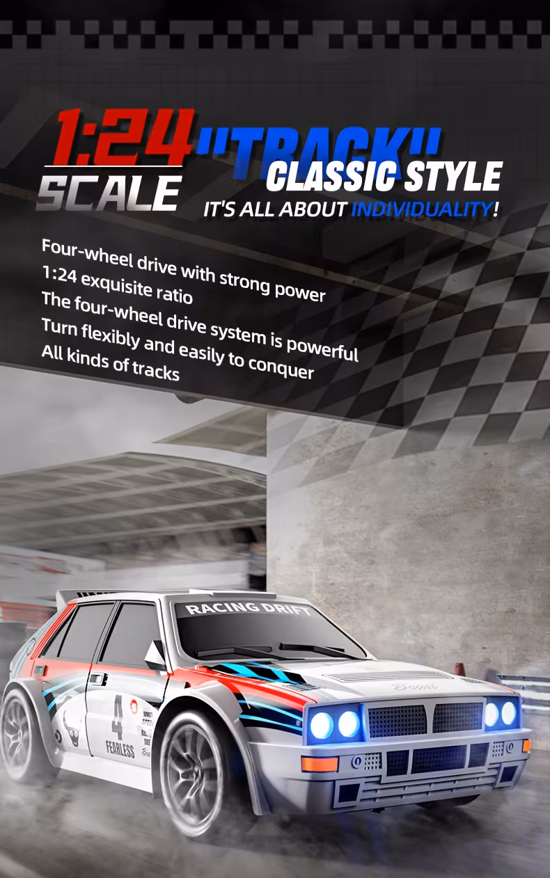 1 1 24 scale four wheel drive drift high speed switching controllable led headlights supports multi directional drifting flexible and cool movements Product details 1