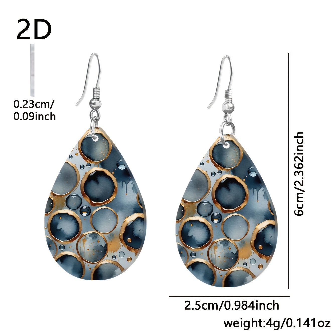Women's 2D Flat Gilded Ink Bubble Pattern Acrylic Drop Earrings