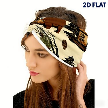 Diadema plana 2D con patrón de oso pardo y cabaña en el bosque, para yoga / gimnasio / correr / ciclismo, viaje / salida / playa, accesorio de pelo acogedor y versátil / de ala ancha / a la moda / elástica, regalo para el mejor amigo / regalo para amigo, plana 2D