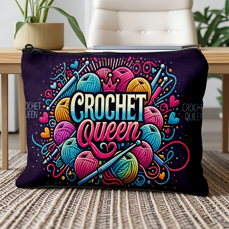 TEMU 1pc Light Luxury Elegant "crochet Queen" Slogan Makeup Bag, Multi-functional Storage/quick Organization, /travel Storage, Influencer Style/warm