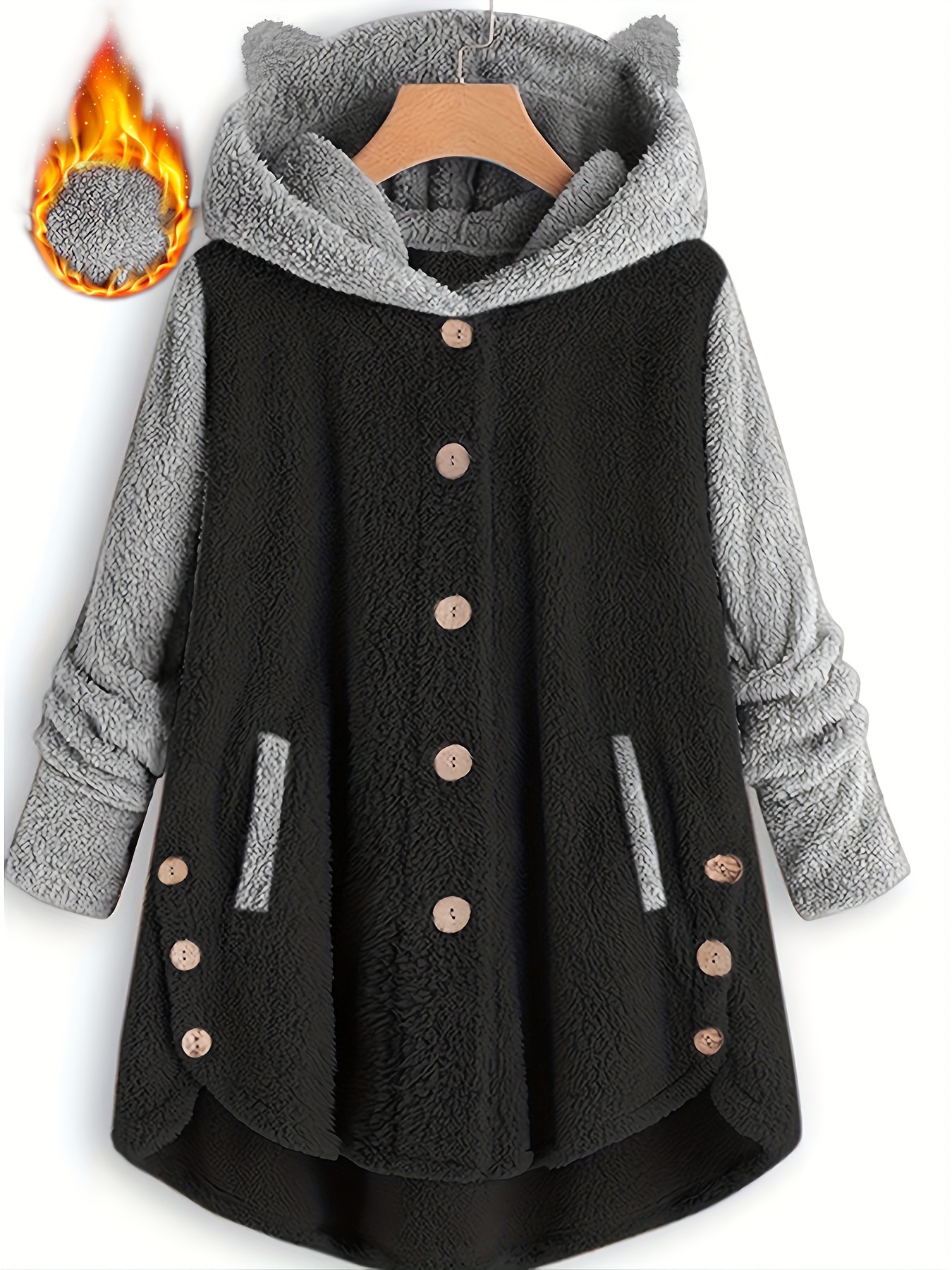 Plus Size Casual Coat Women s Plus Colorblock Plush Button Temu Ireland