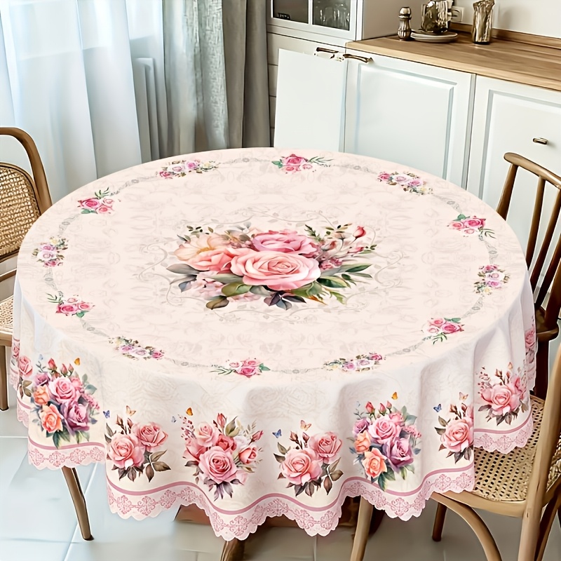 TEMU [2d] Flat Banner, Scalloped Edge 1pc Spring Summer Romantic Retro Rose Daisy Pattern Round Tablecloth, Floral Pattern Rectangular Tablecloth,