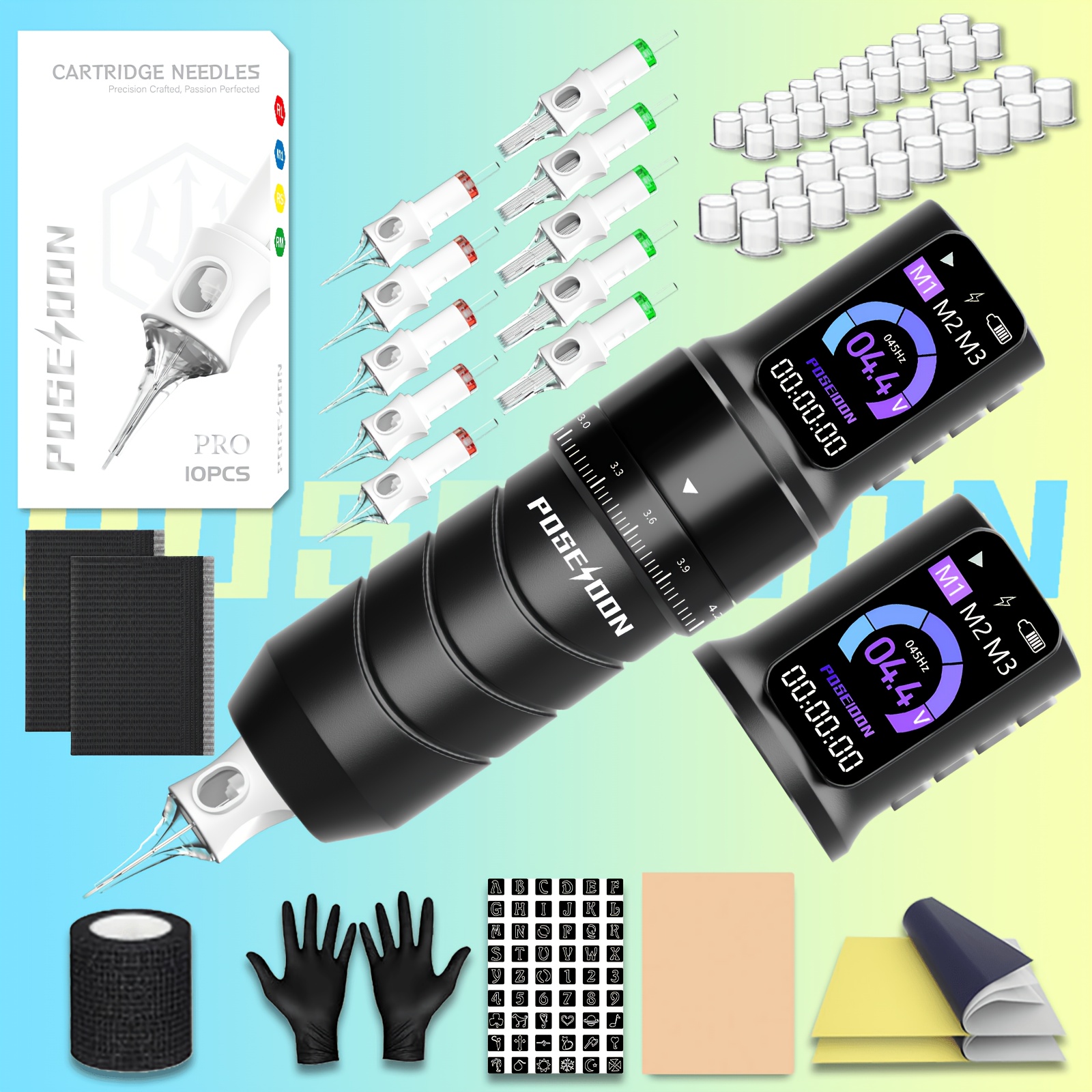 Image of Poseidon Wireless Rotating Tattoo Machine Pen Kit, 2.4-4.2mm Adjustable Stroke Motor, 2 2300mah Digital Screen Batteries, With 10pcs Tattoo Needles And Other Additions