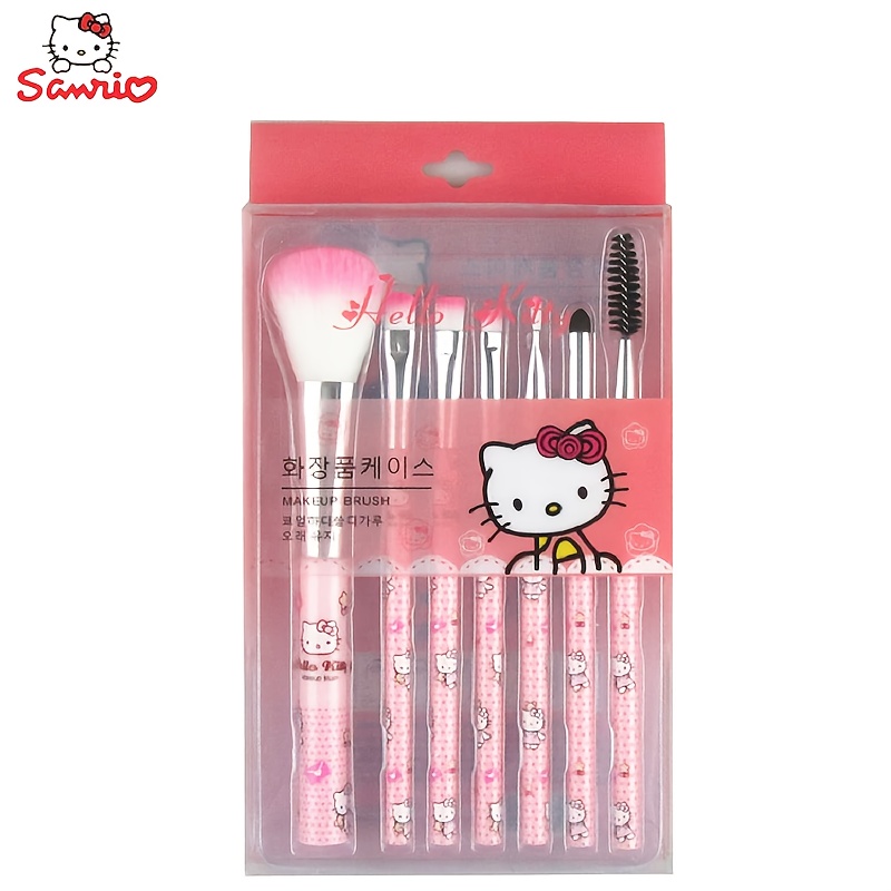 

7pcs Hello Kitty Makeup Brush Set, Cute Fashion Anime-themed Beauty Tool Kit, With Nylon , Abs Plastic Handles, Unscented, For Eyebrow, Lip, & , Normal Skin