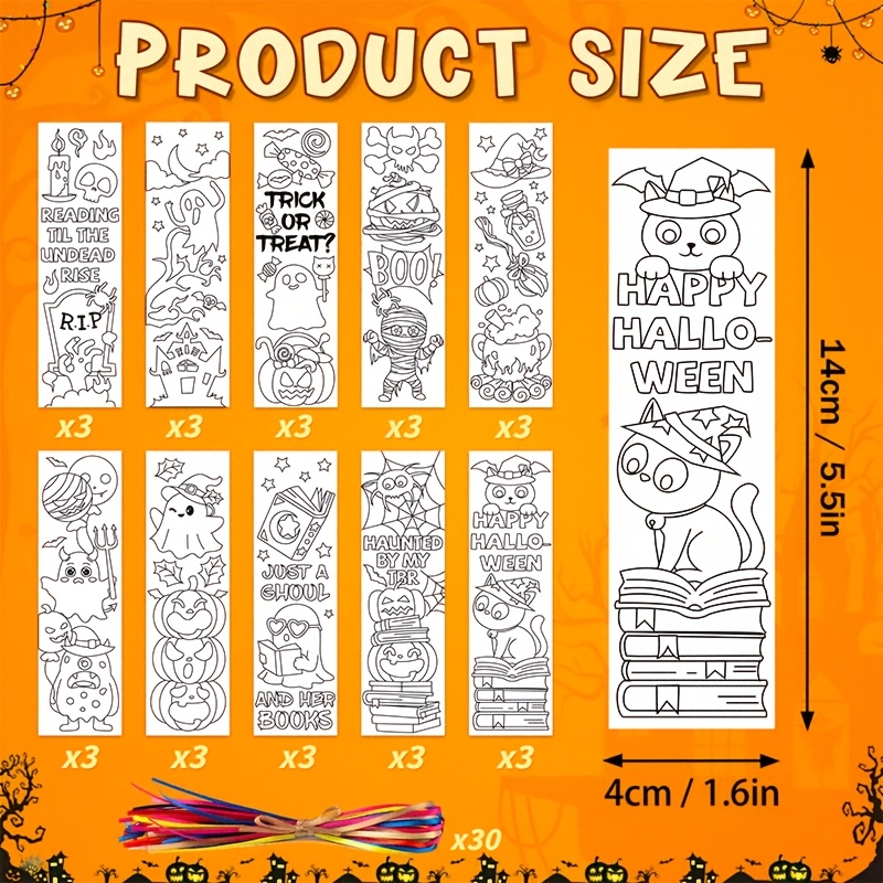 TEMU 30pcs For Halloween Bookmarks Coloring Your Own For Halloween Bookmarks, 10 Styles Design Coloring Blank Bookmarks For Adult, Pumpkin For