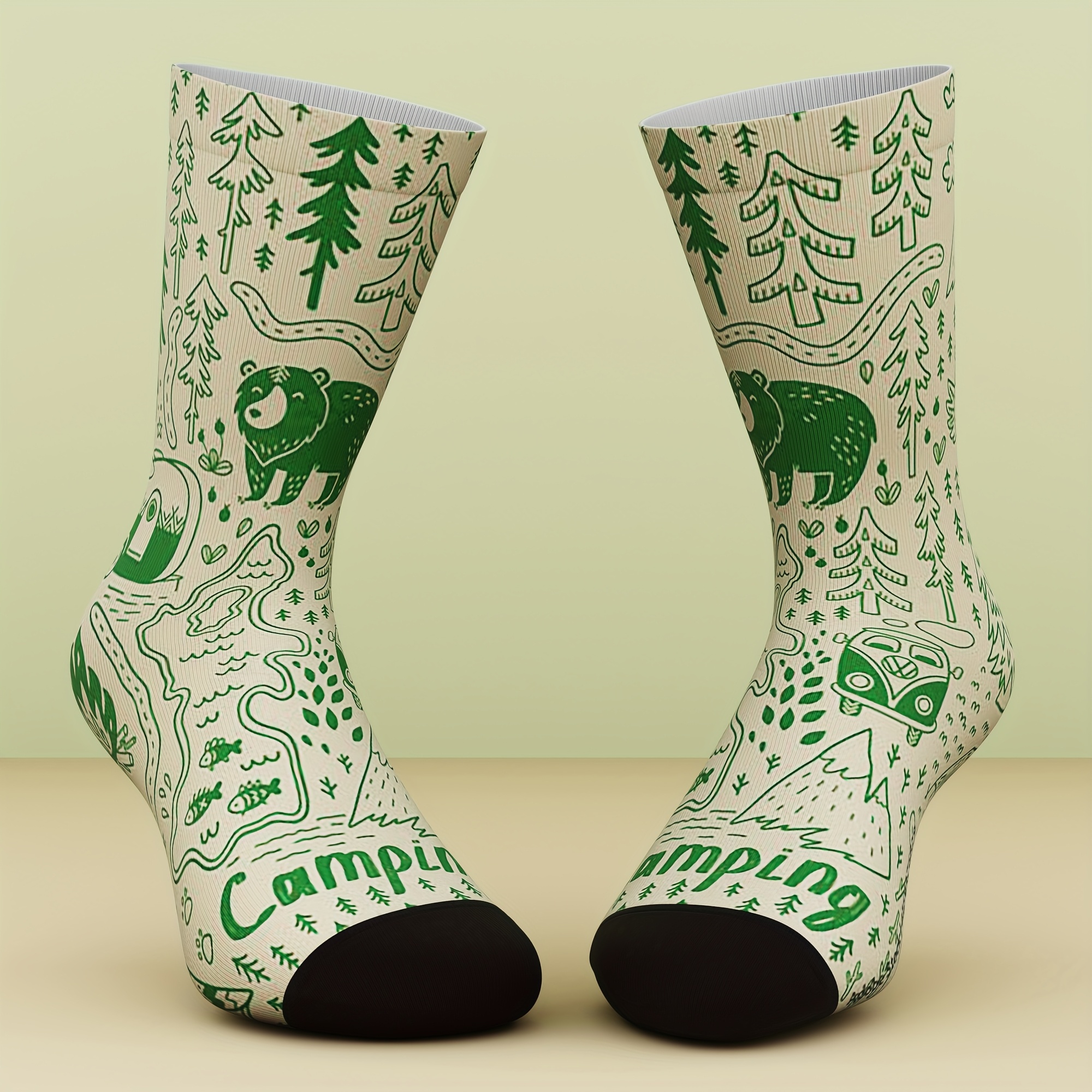 E-shop Ein Paar Unisex-Socken mit Wald- Bärenmuster, frisch , geeignet für Outdoor-Sport, bequem atmungsaktiv, aus Bambusfaser, mit