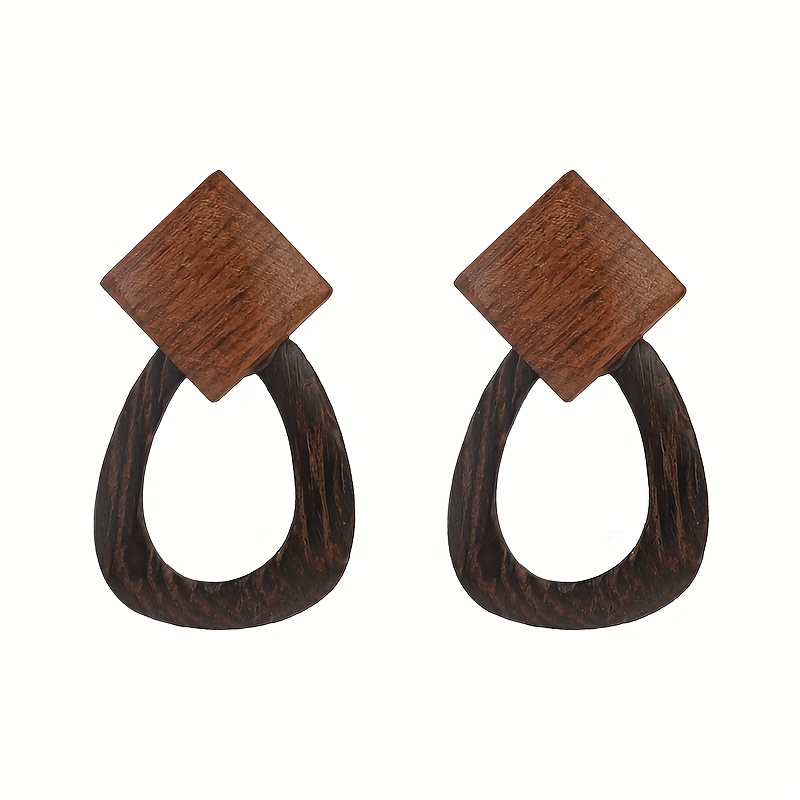 Image of 2pcs Set Small Size Vintage Elegant Wooden Shaped Earring Women Personality Simple Geometry Creative Ear Accessories Lady Summer Beach Vacation Jewelry Set
