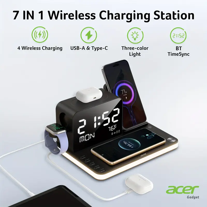 7in 1 dual phone wireless charging station with night light phone holder phone time week temperature display 30w adapter for iphone and iwatch fast charging dock with wired output details 1