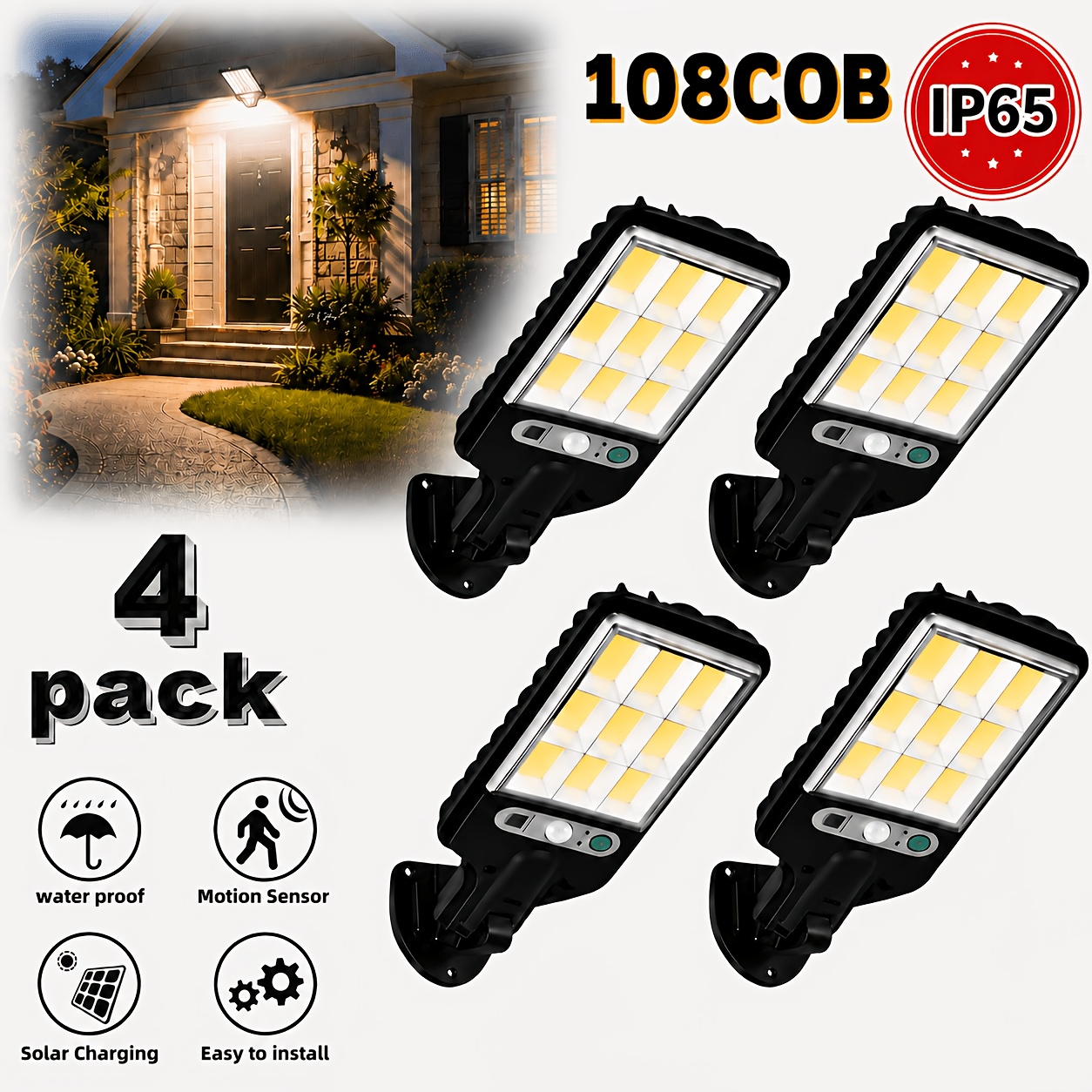 TEMU Bright Solar Outdoor Lights, 8/4pcs Solar Powered Sensor Lights, Ip65waterproof, 1400mah W108 Cob Led Safety Waterproof Lights With 3 Lighting