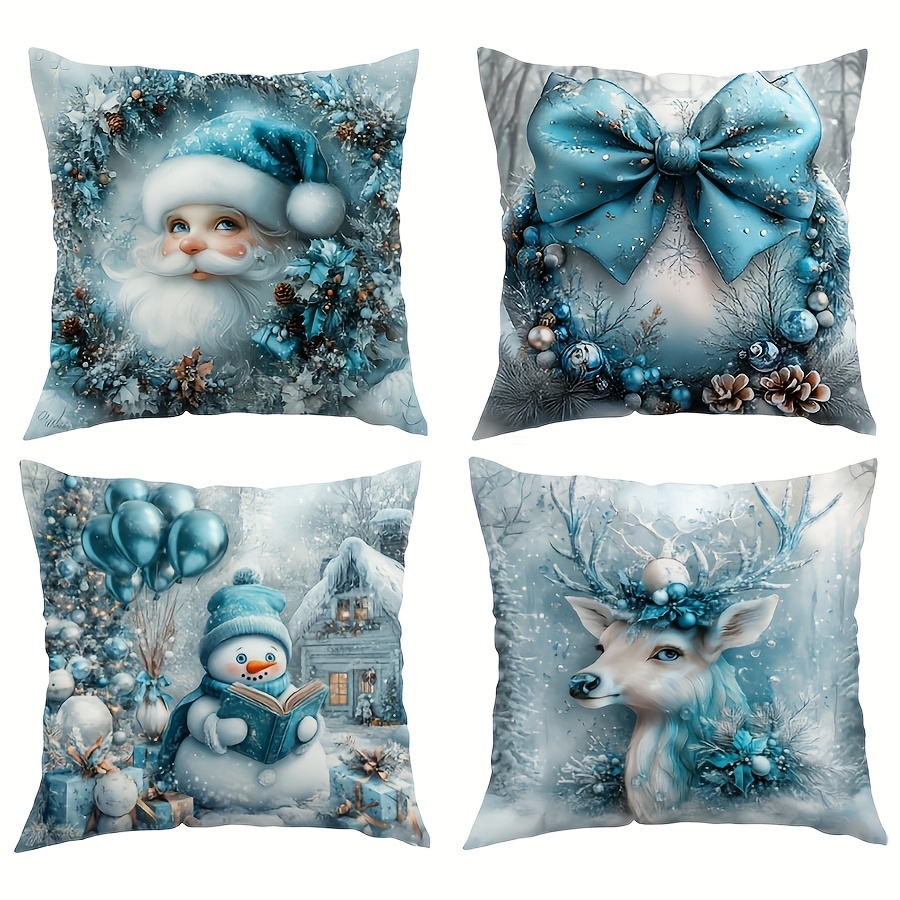 TEMU 4pcs Pillow Covers Pillowcase Set Christmas Santa And Reindeer Velvet Throw Pillow Covers With Bow Detail - Contemporary Style Zippered