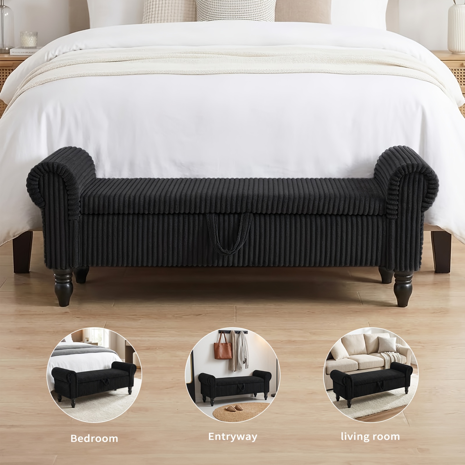 ATOMHAUS Upholstered Storage Bench for Bedroom End Of Bed Rolled Armed Corduroy Linen Fabric Ottoman Couch Long Bench Window Sitting Fireplace Toy Storage Bench Living Room Furniture