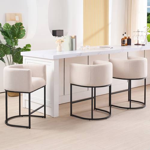 bar stool 26 height modern shaped bar stool counter stool with ergonomic backrest and armrests linen fabric and sturdy black metal frame suitable for kitchen islands home decor in multiple colors
