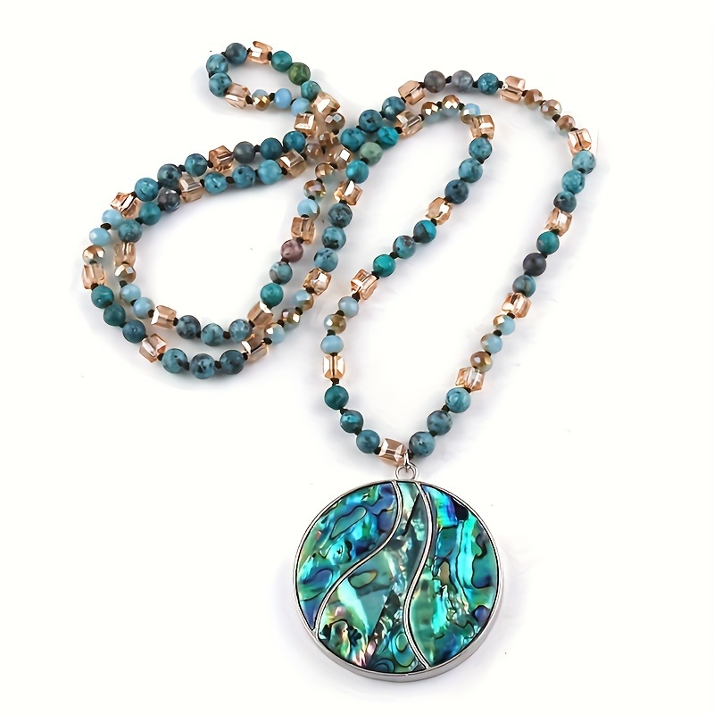 Classic Boho Natural Stone Beaded Necklace Knotted Necklace, Agate Cut Pendant Necklace, Fashionable Bohemian Style Sweater Chain, Wear, Special Occasions And Gift